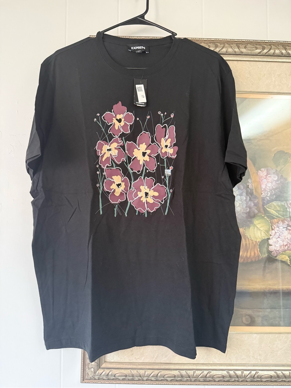 Express Black Short-Sleeve Tee with Pink and Cream Floral Print